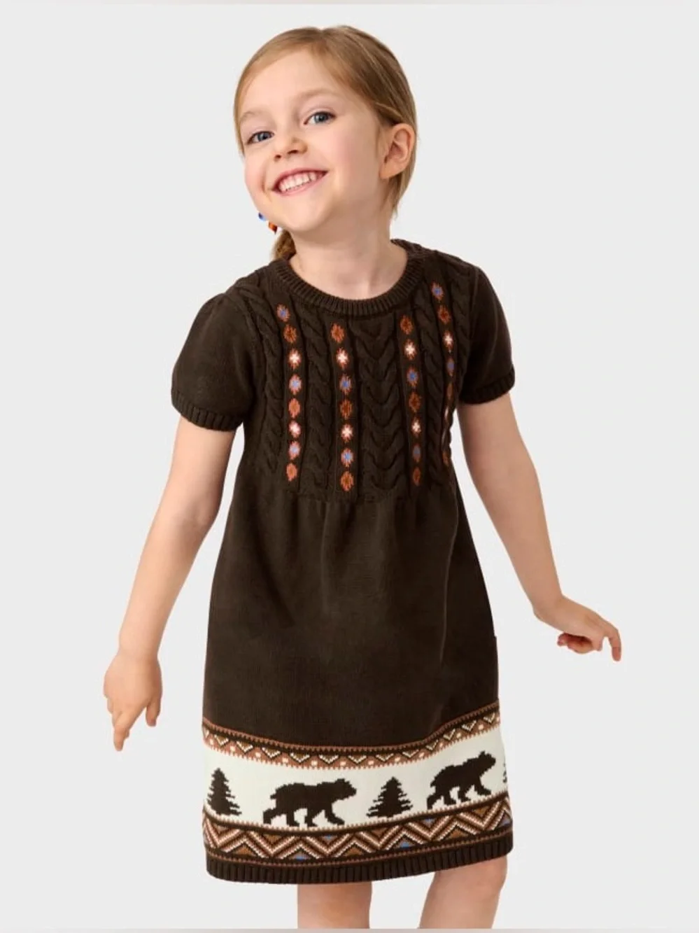 Girls Intarsia Bear Sweater Dress - Montana Mountain - Brown.  Size 12
